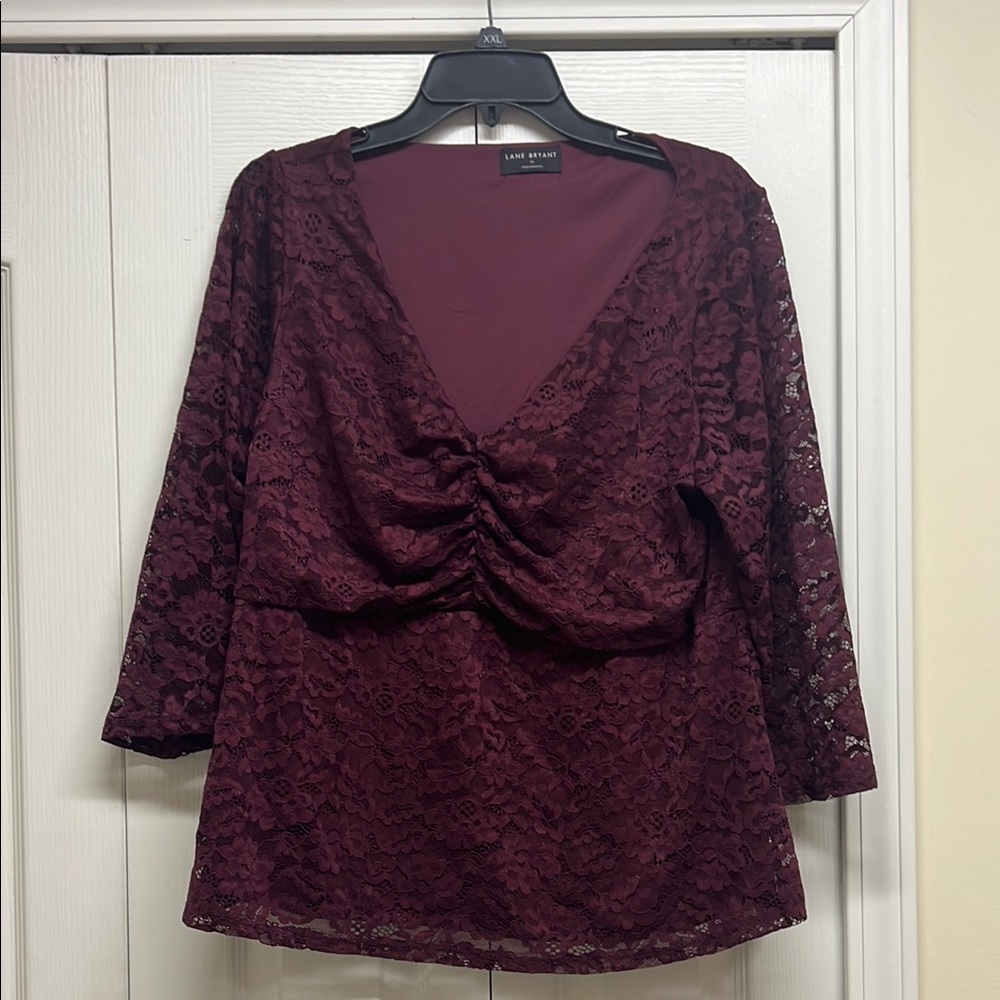 Lane Bryant Burgundy Lace Blouse with Sheer Lace sleeves size 14